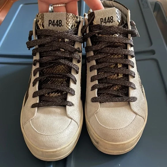 P448 High-Top Sneakers in Beige and Brown Snake Print - Picture 2 of 6